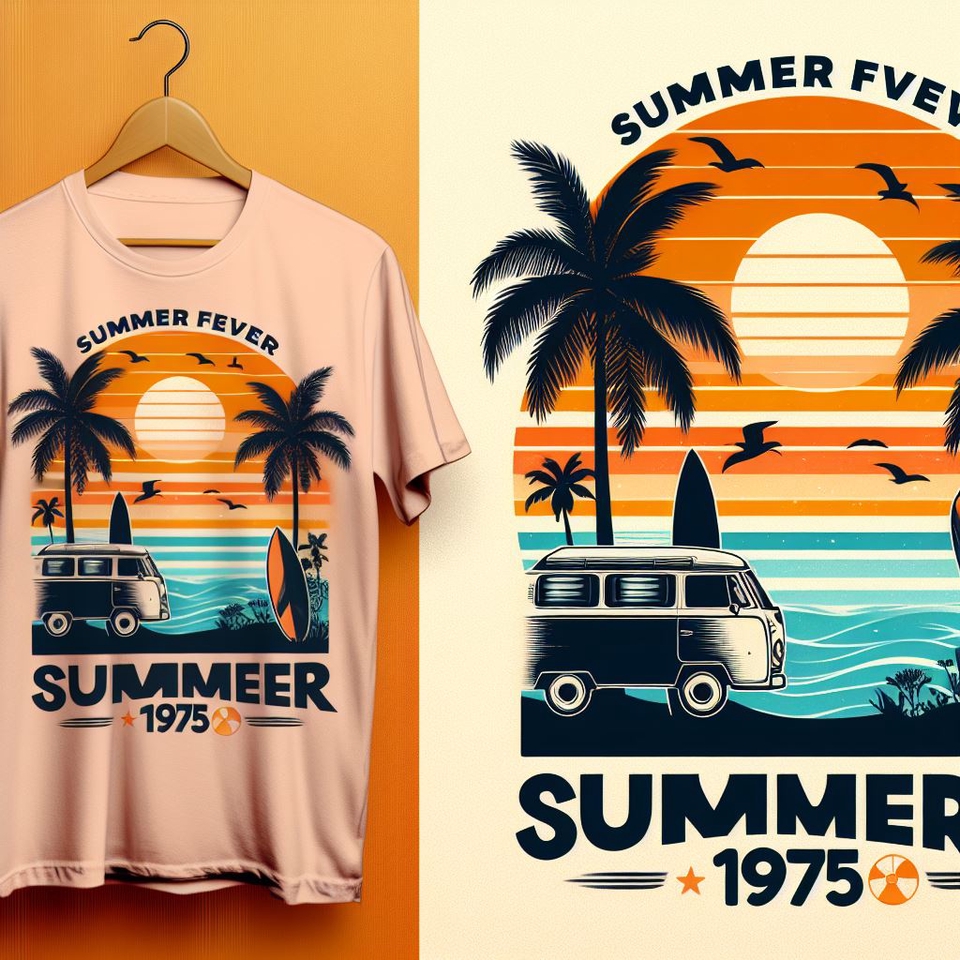 Desain kaos distro dengan tema musim panas, pantai, dan mobil van. Cocok untuk desain kaos distro keren dan kekinian.
