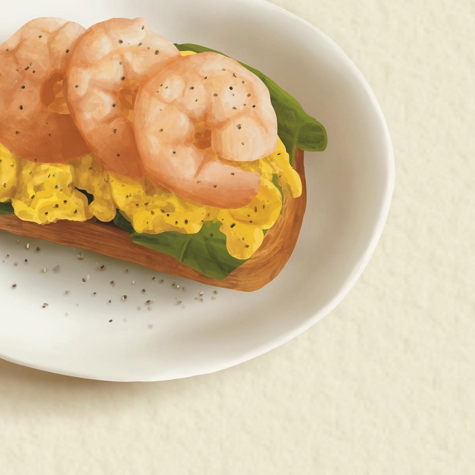 รับวาดรูป อาหารเช้า แซนด์วิช กุ้ง ไข่ วาดภาพประกอบ รับวาดรูปสินค้า วาดรูป digital painting