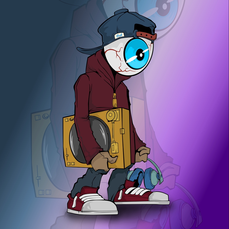 Desain karakter kartun lucu dengan kacamata dan topi, holding a DJ mixer, layanan desain karakter untuk vtuber, desain karakter game, dan lainnya.