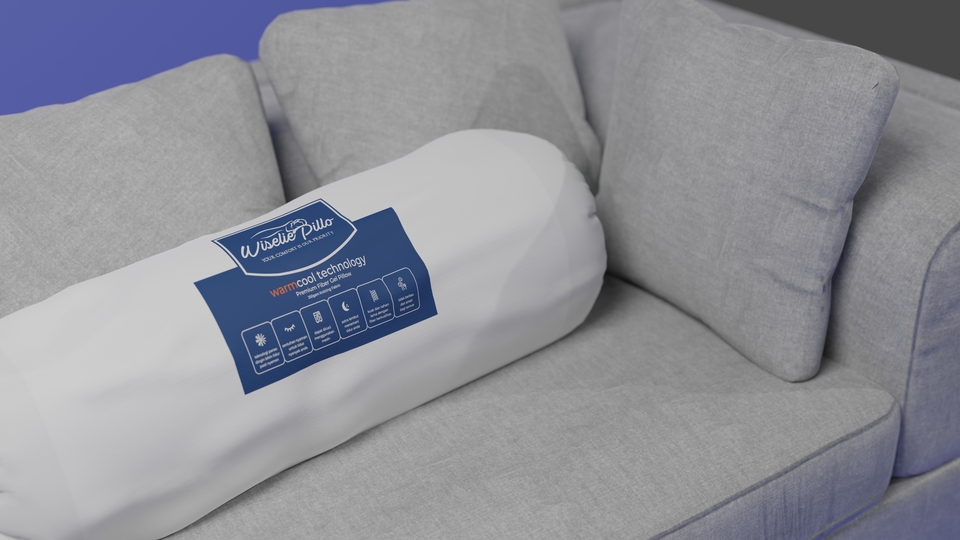 Jasa pembuatan video animasi 3d untuk platform freelancing di Indonesia, menampilkan sofa abu-abu dengan bantal putih dan logo "Whisper Pillow"