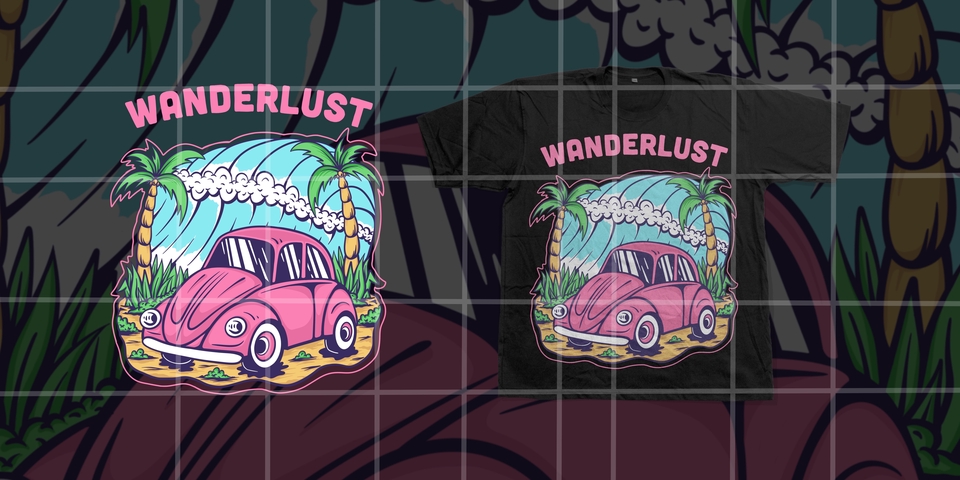 Desain kaos distro dengan tema wanderlust, menampilkan gambar mobil klasik pink di depan ombak dan palem, cocok untuk desain kaos pria dan wanita.