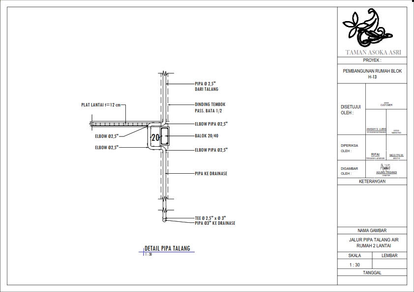 Jasa drafter autocad murah untuk pembuatan detail pipa talang di gambar arsitektur.