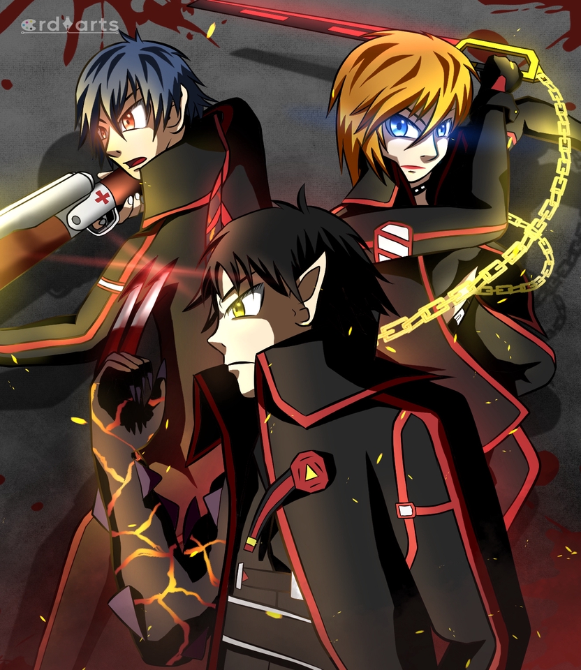 Ilustrasi tiga karakter anime dengan gaya gelap dan futuristik. Karakter tengah tampak sedang memegang pedang dengan sorot mata yang tajam.