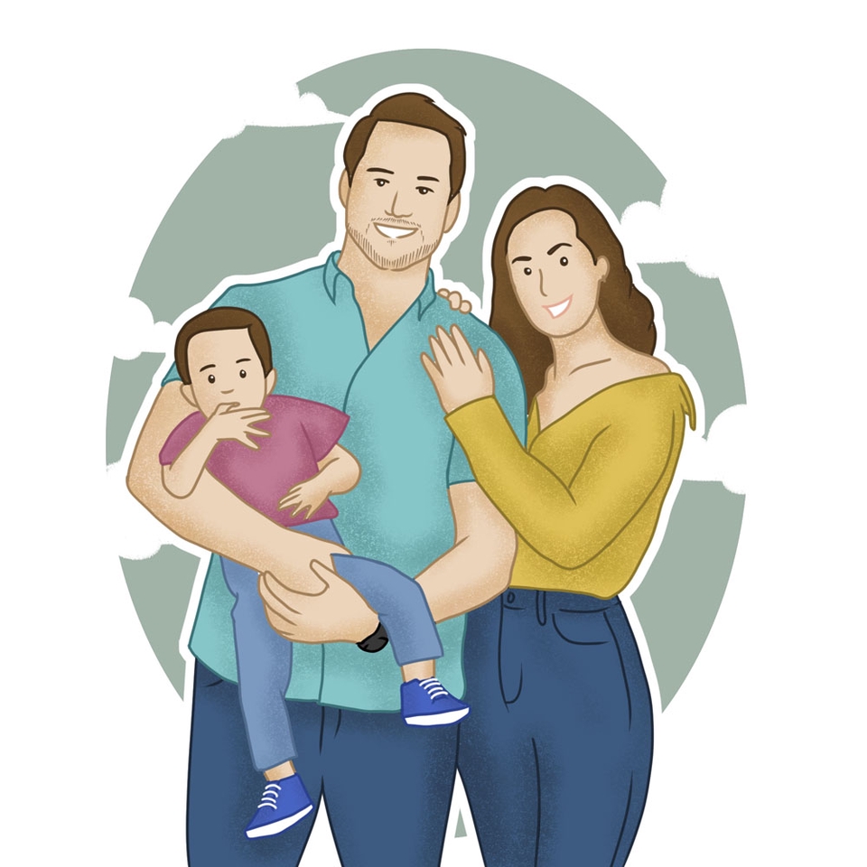 Jasa pembuatan karikatur keluarga dengan desain vektor, ilustrasi wajah, karikatur freelance.