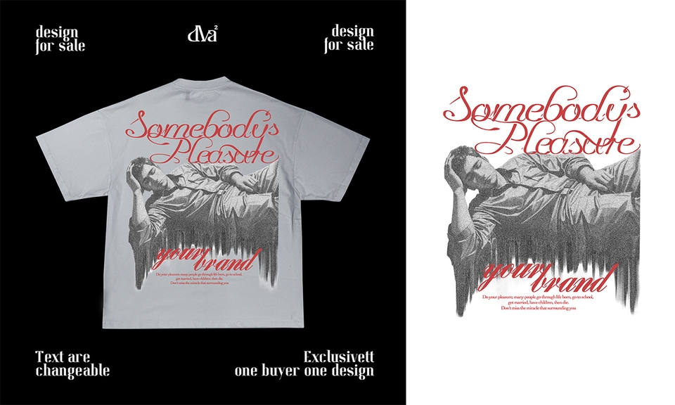 Desain kaos distro pria dengan tema "Somebody's Pleasure", cocok untuk desain kaos distro modern, dengan warna dasar abu-abu dan detail desain hitam putih.