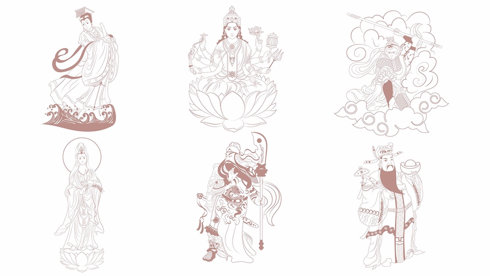วาดเวกเตอร์เทพเจ้าจีนและพระพุทธรูปสวยงาม ภาพประกอบเวกเตอร์
