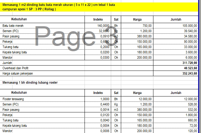 Jasa pembuatan laporan keuangan untuk menghitung biaya material dan jasa tukang dalam pembangunan dinding menggunakan batu bata.