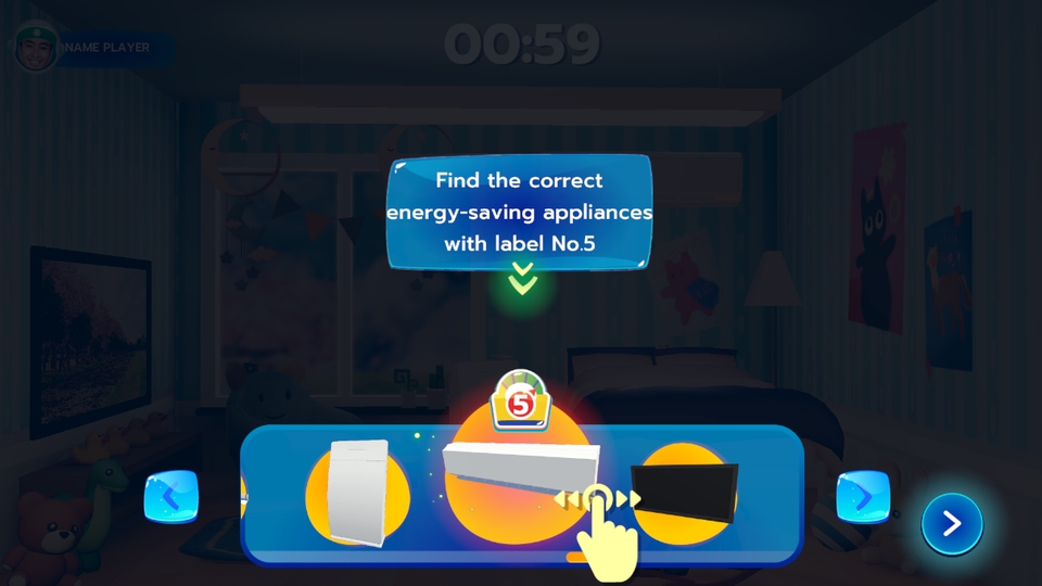 รับทำเกม ภาพหน้าจอเกมพัฒนาเพื่อการศึกษา เรื่องการประหยัดพลังงานในบ้าน มีการออกแบบเกมที่น่าสนใจ พร้อมคำแนะนำในการเล่นเกม สนุกและได้ความรู้ เกมพัฒนา, รับทำเกมมือถือ, ออกแบบเกม, สร้างเกม