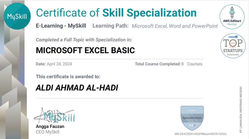 Jasa input data excel, Sertifikat Microsoft Excel Basic, Aldi Ahmad Al-Hadi, Data entry freelance, Jasa pengumpulan data, entri data online, Jasa merangkum data
