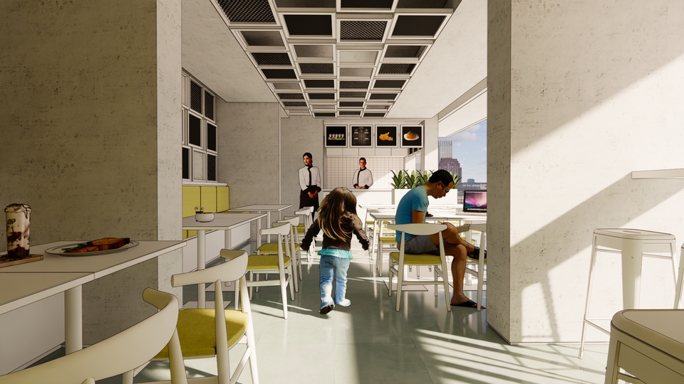 Jasa drafter autocad murah untuk desain interior cafe modern dengan desain meja dan kursi yang unik.