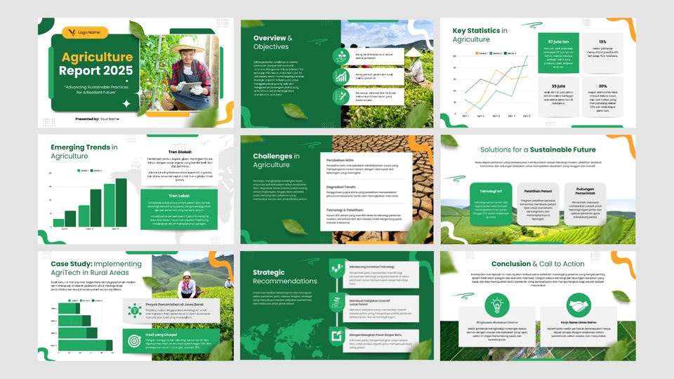 Desain template presentasi powerpoint untuk laporan pertanian dengan desain minimalis dan profesional, cocok untuk presentasi bisnis atau akademik.