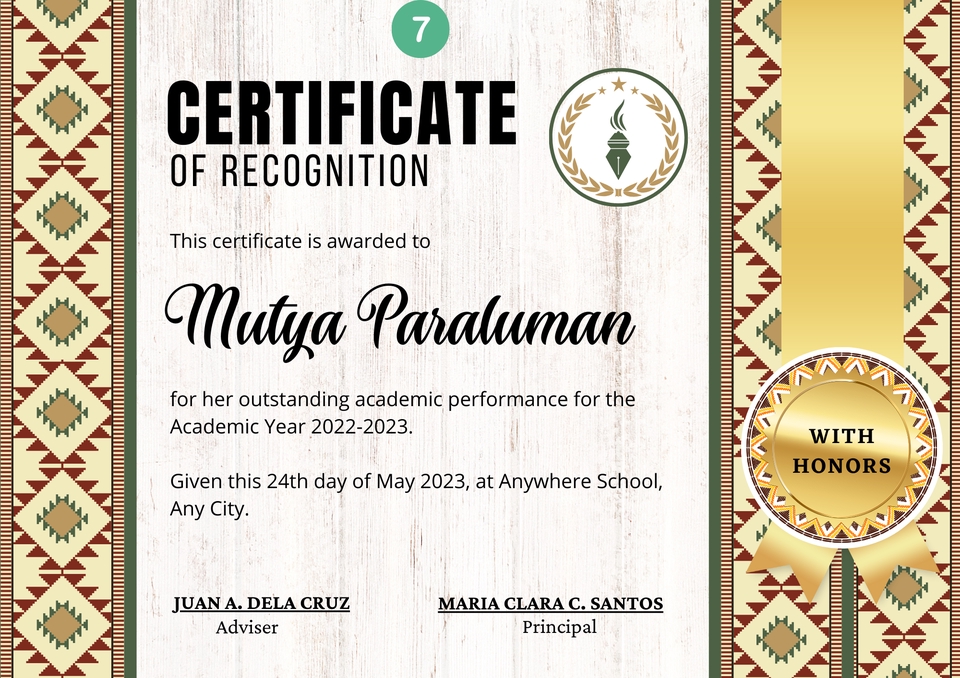 Sertifikat penghargaan untuk Mutya Paraluman, atas prestasi akademik tahun 2022-2023, dari Anywhere School.