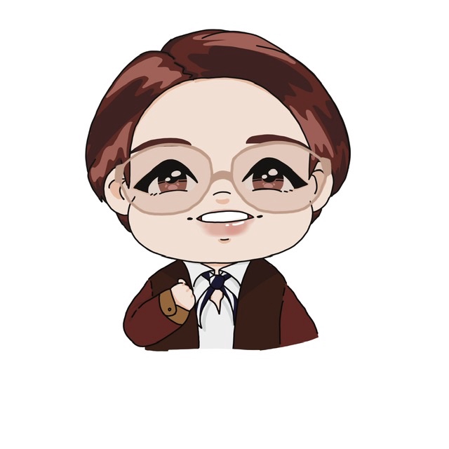 Desain karakter kartun pria berambut coklat dengan kacamata dan mengenakan jas