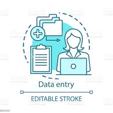 Jasa data entry freelance: Wanita bekerja di laptop dengan dokumen dan ikon plus, menawarkan jasa input data, entri data online, pengumpulan data, dan merangkum data.