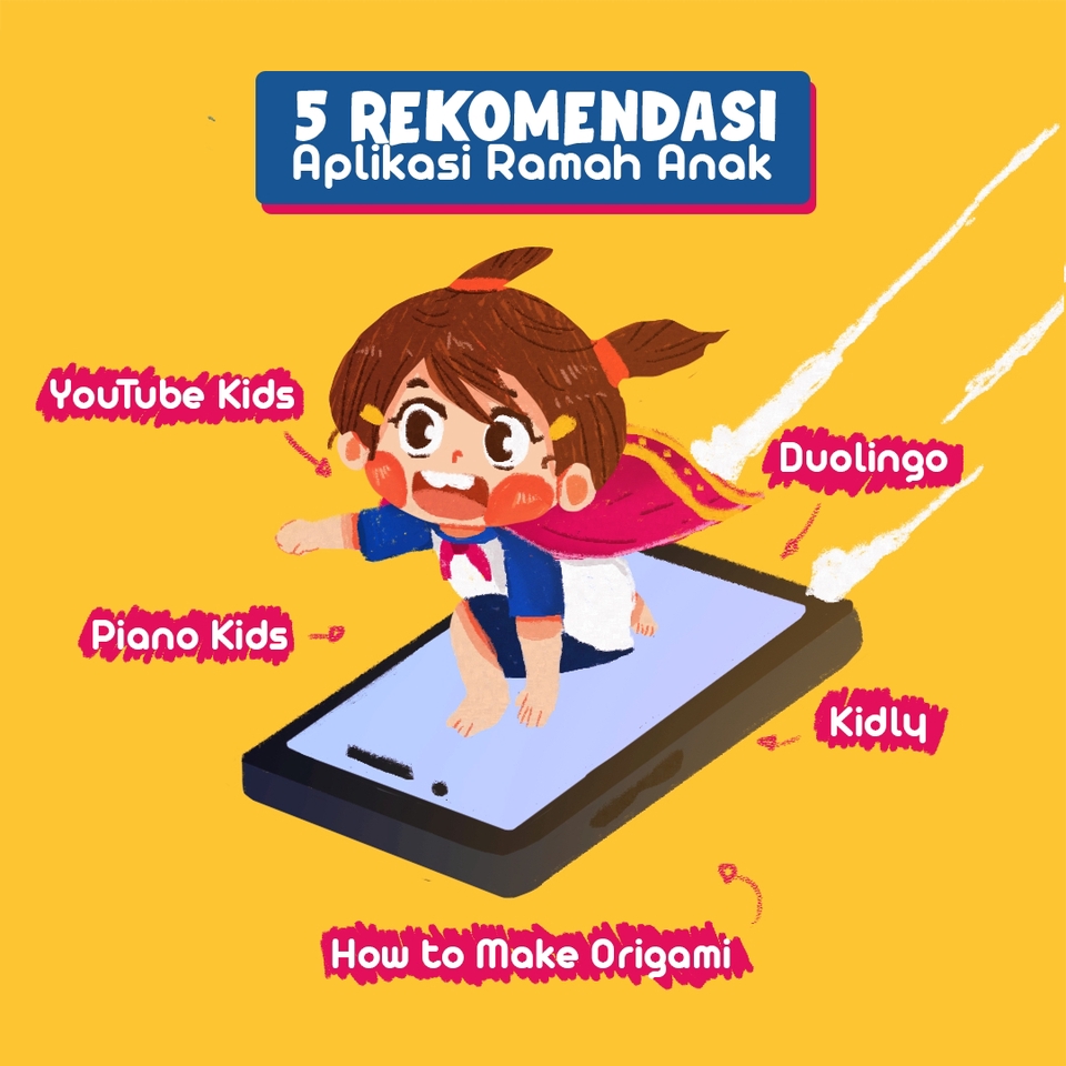 Ilustrasi anak perempuan mengendarai smartphone dengan aplikasi ramah anak, YouTube Kids, Piano Kids, Kidly, Duolingo, dan How to Make Origami. Jasa ilustrasi, jasa gambar kartun, gambar ilustrasi, sketsa kartun, jasa ilustrasi digital, desain icon, jasa desain icon.