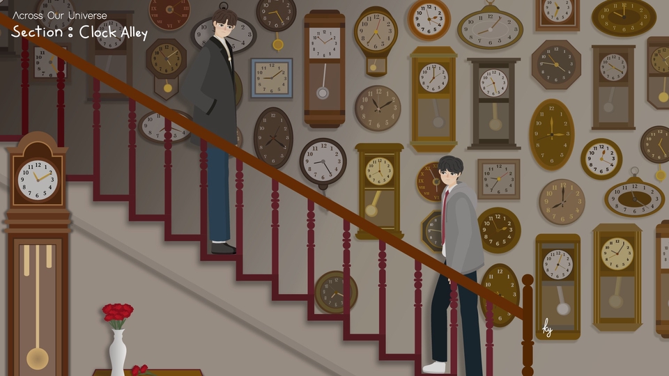 Ilustrasi kartun dua orang pria dengan latar belakang desain ruangan dan banyak jam dinding, cocok untuk kebutuhan desain interior, desain grafis, dan desain branding.