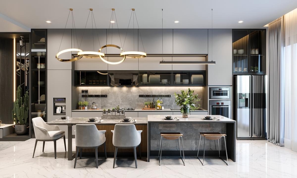 Desain interior ruang makan dengan meja makan kayu dan kursi kayu minimalis dan lemari putih modern