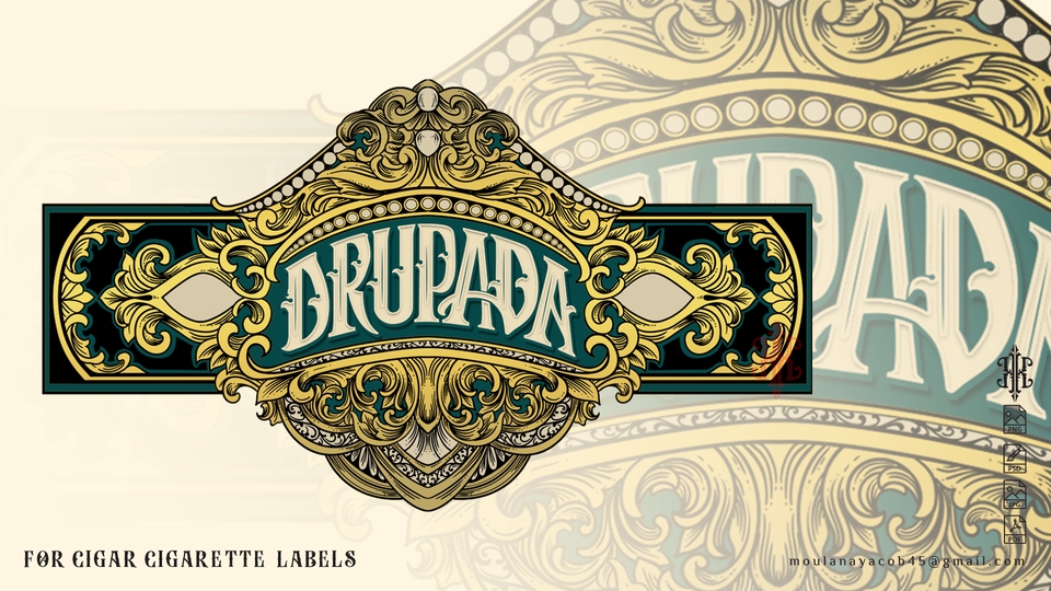 Desain logo elegan dengan tema drupada untuk label rokok.