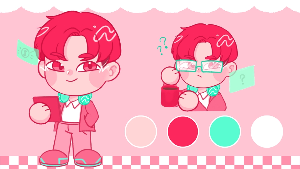 ออกแบบตัวละครชายสไตล์ญี่ปุ่น น่ารัก สีชมพู  ใส่แว่น  คาแรคเตอร์