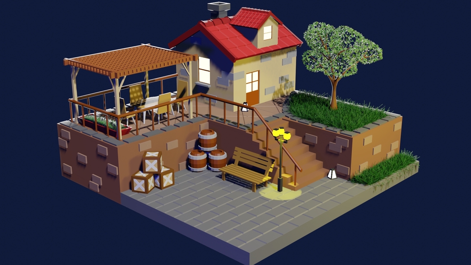 Jasa desain 3d exterior rumah minimalis dengan taman kecil dan teras.