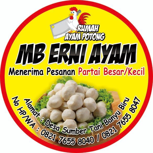 Jasa desain spanduk, desain kartu nama, desain brosur dan undangan pernikahan untuk Rumah Makan MB Erni Ayam di Desa Sumber Tani Banyu Biru