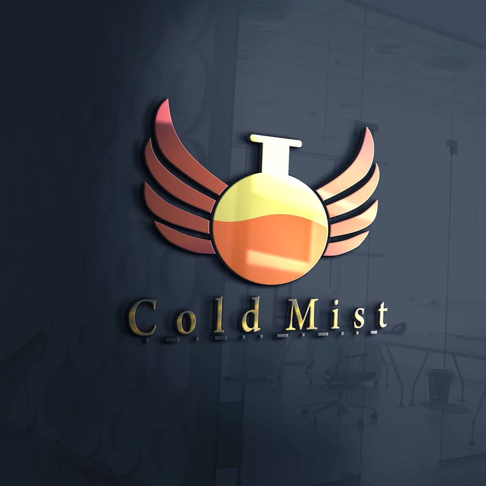 Logo dengan sayap dan botol berisi cairan, menampilkan logo Cold Mist, layanan desain logo online.