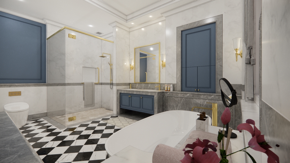 Desain interior kamar mandi mewah dengan bathtub dan wastafel, jasa desain interior, desain rumah minimalis modern, jasa desain rumah 3d.