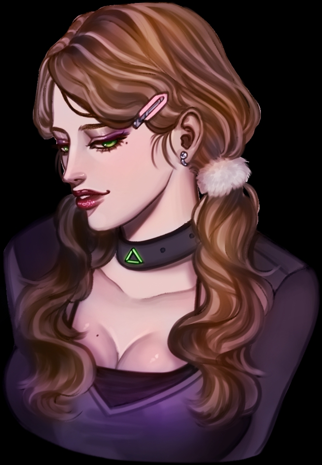 Ilustrasi wanita dengan rambut cokelat dan berpakaian ungu, dengan latar belakang hitam.