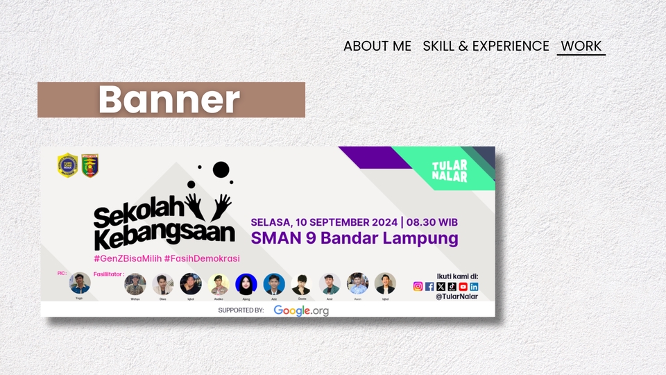 Desain banner sekolah dengan tema Sekolah Kebangsaan, SMAN 9 Bandar Lampung, dan desain kreatif.