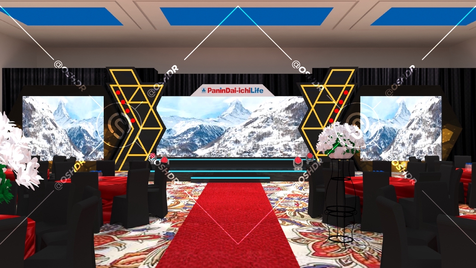 Desain interior panggung acara perusahaan dengan konsep minimalis dan modern, cocok untuk kebutuhan desain interior acara launching produk.