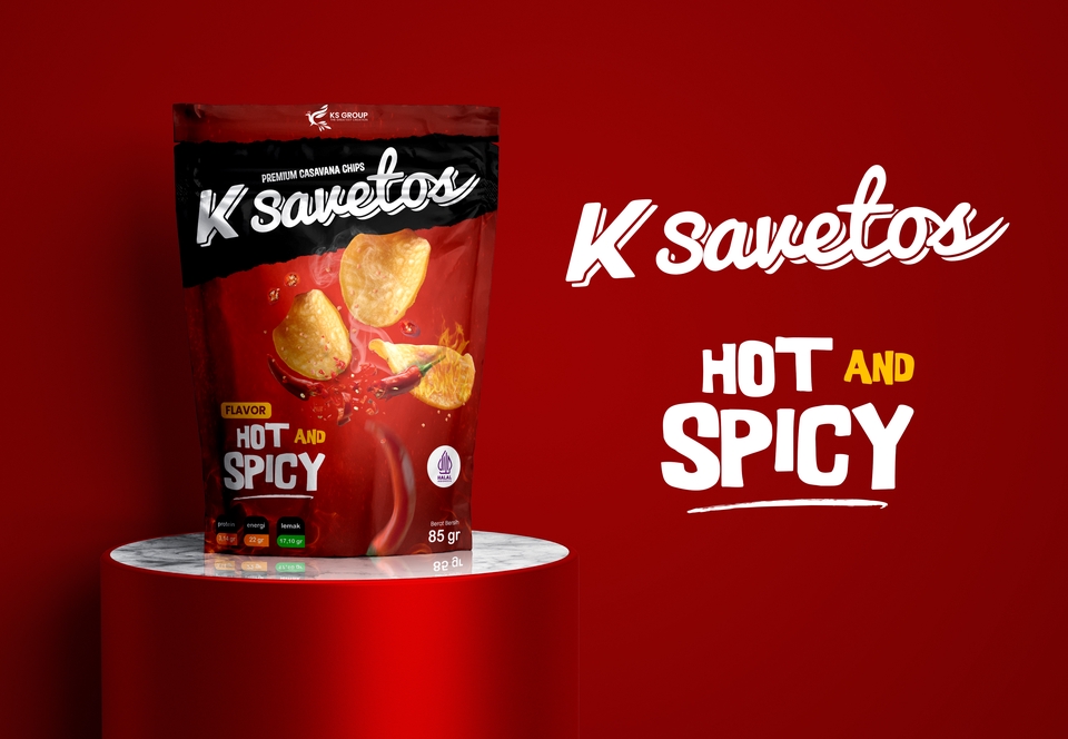 Jasa desain kemasan makanan K Savetous hot and spicy, desain kemasan unik snack makanan, desain kotak snack, desain stiker makanan, desain label makanan, desain label produk, desain kemasan plastik.