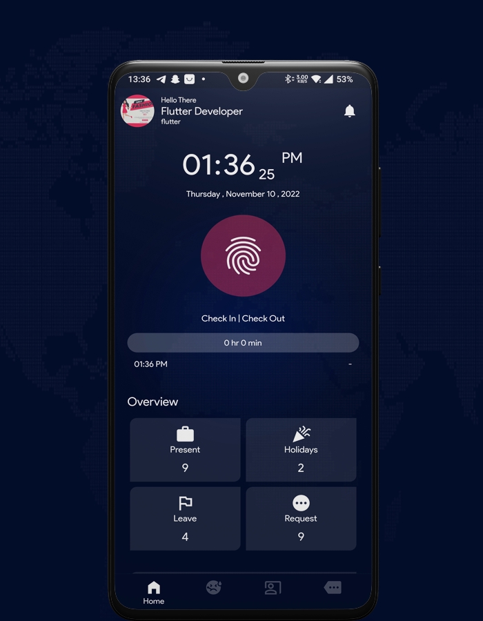Jasa pembuatan aplikasi android, aplikasi android untuk melacak absensi karyawan dengan fitur check-in dan check-out.