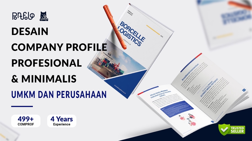 Desain company profile profesional minimalis untuk UMKM dan perusahaan, lengkap dengan logo dan informasi perusahaan.  Jasa desain company profile profesional dan modern untuk usaha Anda.