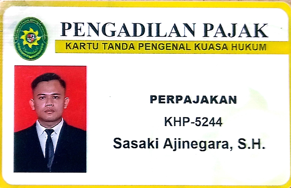 Kartu tanda pengenal kuasa hukum konsultan pajak Sasak Aji Negara dengan nomor KHP-5244. Jasa konsultasi pajak, konsultan pajak murah, konsultasi pajak online.
