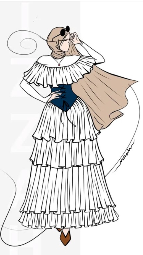 Desain baju wanita hijab modern dengan rok bertingkat dan detail ruffle