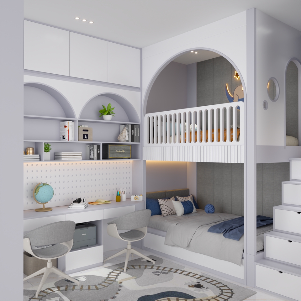 Jasa desain interior kamar tidur minimalis dengan ranjang tingkat untuk anak