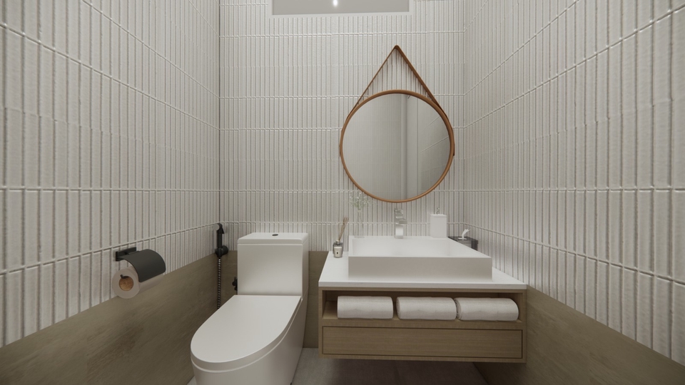 Desain Interior Kamar Mandi Minimalis Modern dengan Batuan Putih dan Cermin Bulat