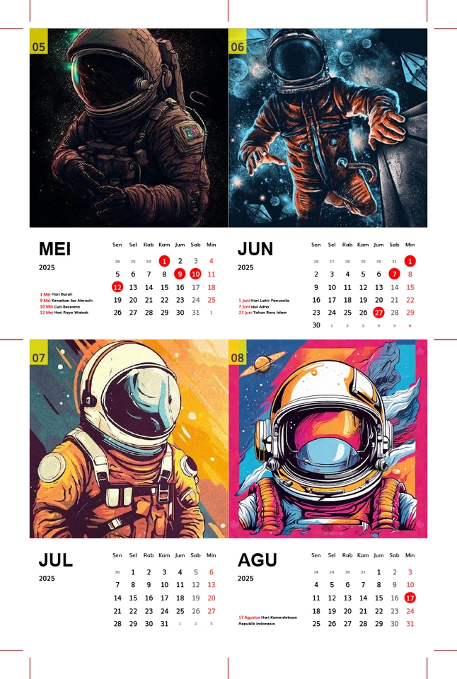 Desain kalender 2025 dengan tema astronot untuk bulan Mei, Juni, Juli, dan Agustus.