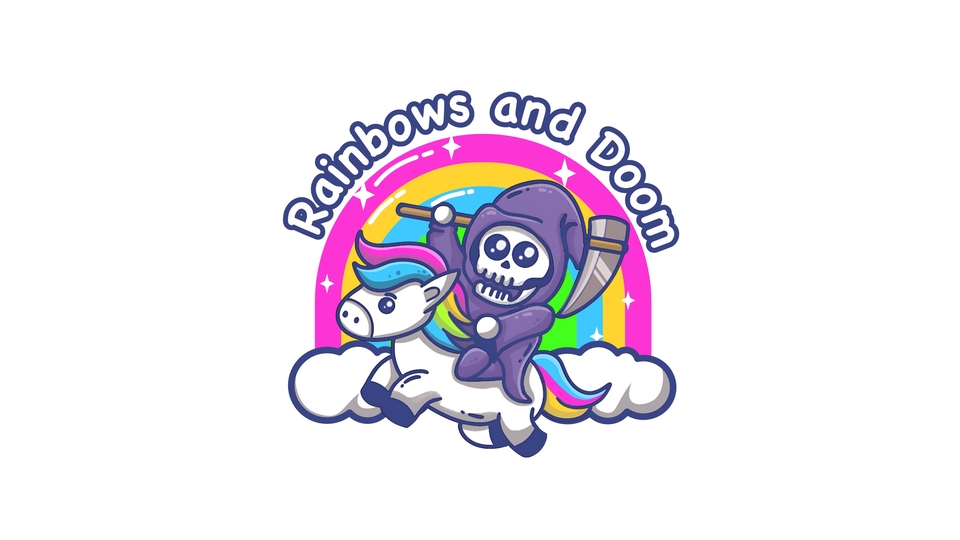 Ilustrasi kartun lucu grim reaper sedang menunggangi kuda poni pelangi dengan teks "Rainbow and Doom"