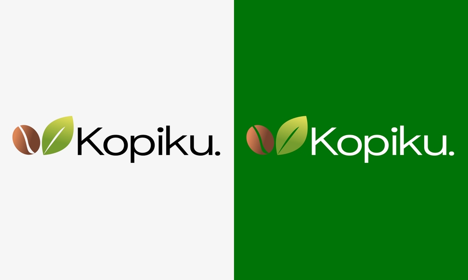 Desain logo "Kopiku" dengan daun dan biji kopi, desain logo cafe, desain logo online shop, logo perusahaan, membuat logo online, jasa desain logo makanan.
