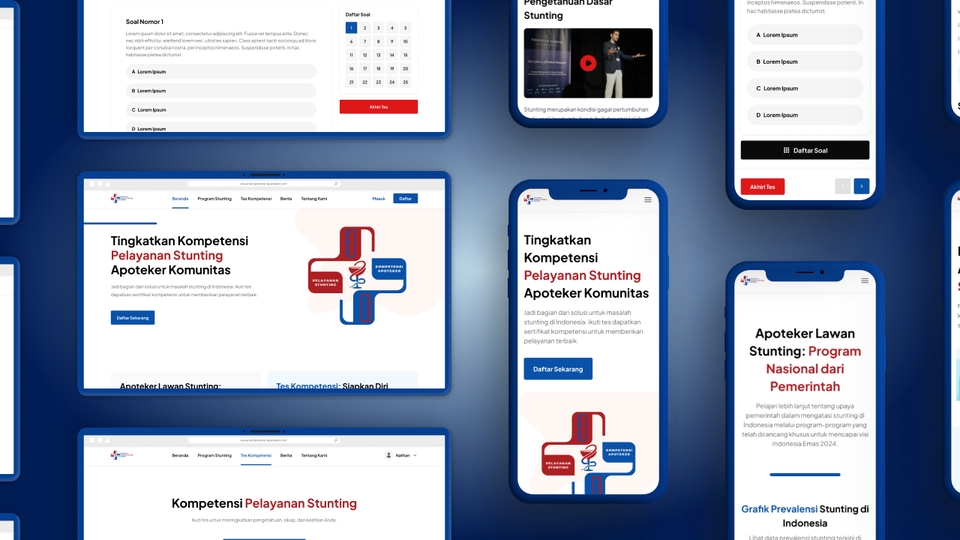 Desain UI UX mobile untuk layanan apoteker komunitas, menampilkan mockup dengan gambar dan teks yang informatif.