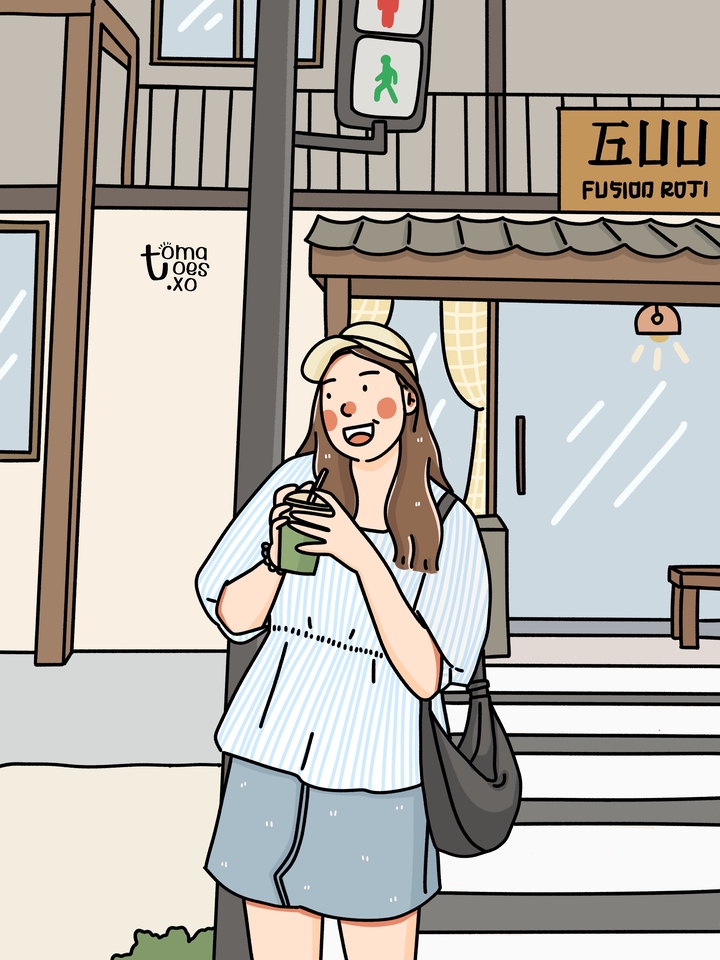 รับวาดรูปการ์ตูนสไตล์มินิมอล ผู้หญิงน่ารักถือเครื่องดื่ม ยิ้มหวาน