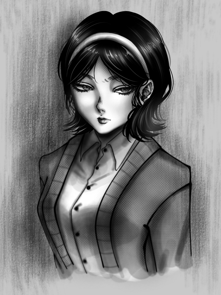 Ilustrasi digital wanita berambut hitam memakai baju jas