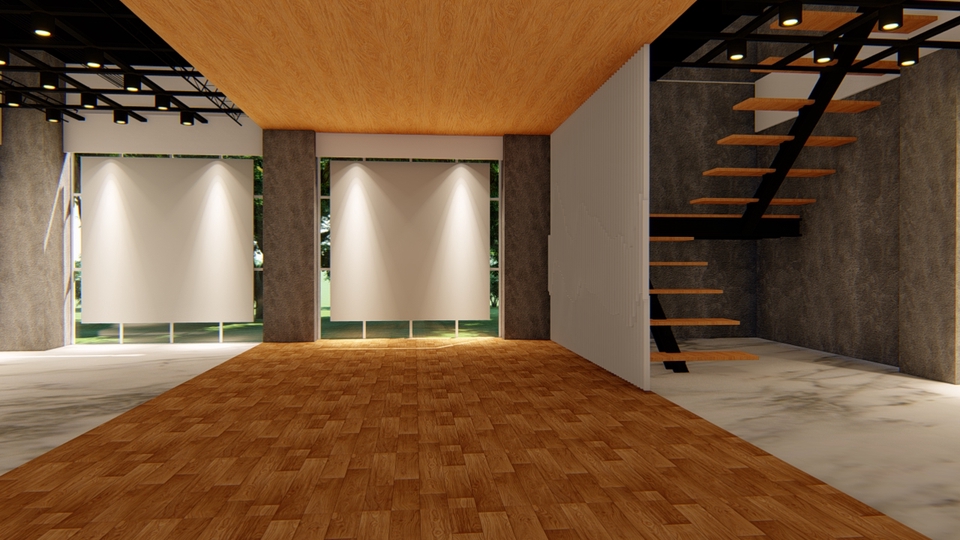 Jasa desain interior rumah minimalis dengan tangga modern dan ruangan luas.