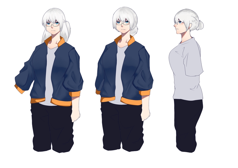 ออกแบบตัวละครสไตล์ญี่ปุ่น 3 ตัว ในชุดเสื้อผ้าสีฟ้า ขาว และดำ