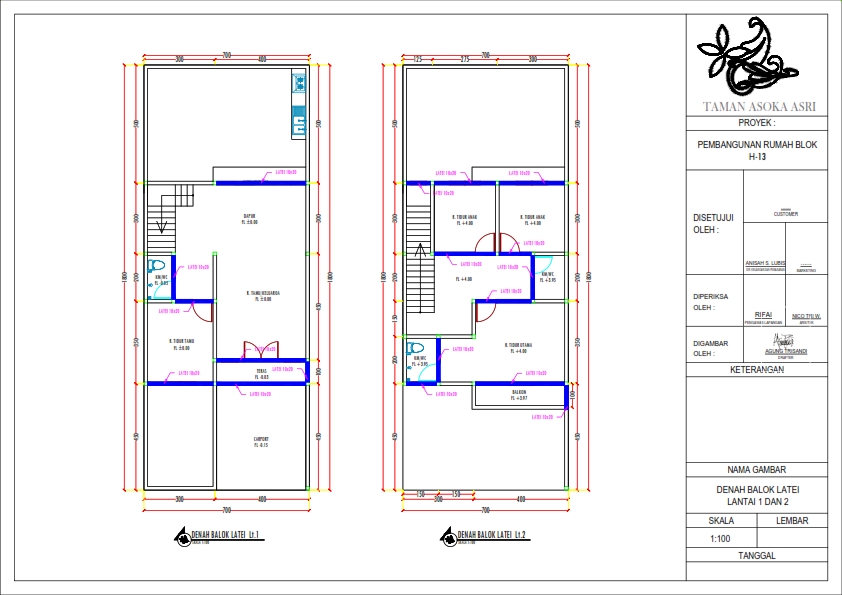 Jasa drafter autocad murah untuk denah balok late lantai 1 dan 2 rumah blok H 13 di Taman Asoka Asri.