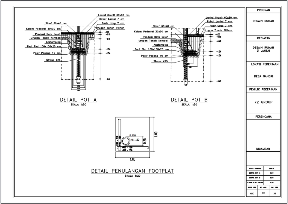 Jasa drafter autocad untuk desain detail pot dan footplat