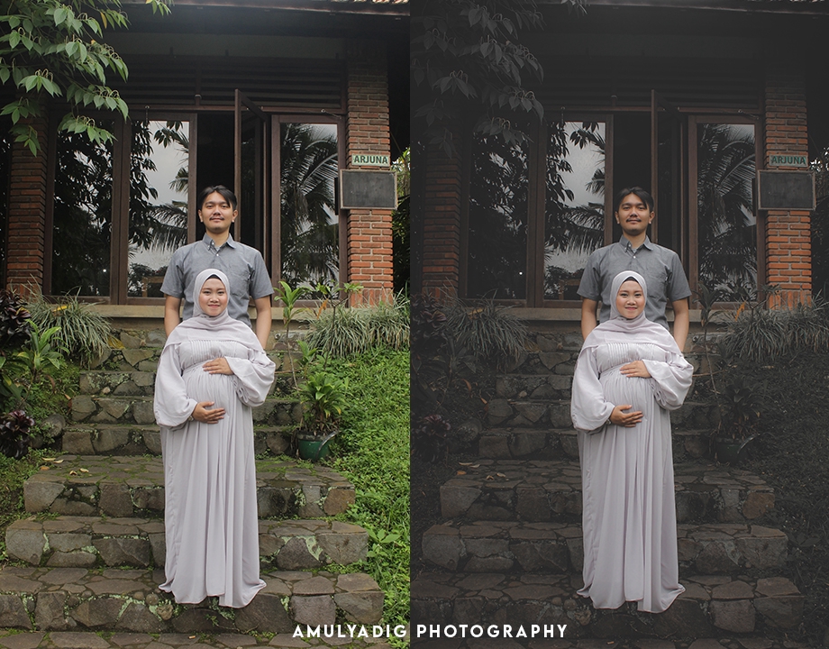 Jasa edit foto prewedding pasangan dengan background rumah dan taman. Edit foto prawedding profesional, hapus background, ganti background, edit warna dan pencahayaan, edit foto pernikahan.
