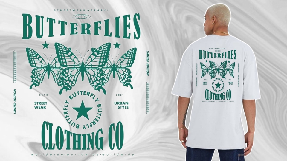 ออกแบบเสื้อผ้าแฟชั่น เสื้อผ้าผู้ชาย เสื้อยืด สีขาว สกรีนลายผีเสื้อ