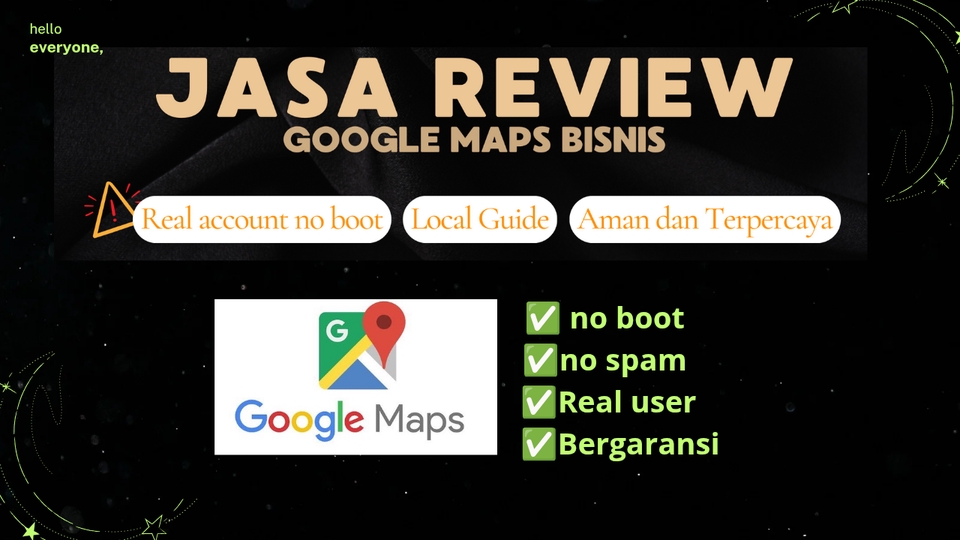 Jasa review Google Maps bisnis dengan akun asli, aman dan terpercaya. Tanpa bot dan spam. Real user dan bergaransi.